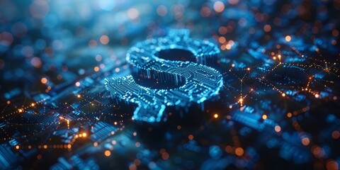  Blue digital dollar symbol illuminated on circuit board, representing the digital economy, fintech innovation