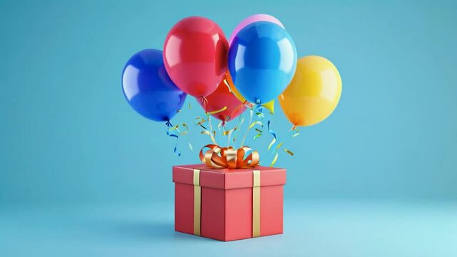 A gift box filled with colorful balloons. Present opens. Balloons lift. 4KHD