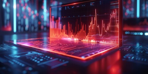  Futuristic digital screen displaying financial graphs and data analytics in a high-tech environment