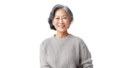 Portrait of senior Asian woman wearing warm cozy sweater on transparent background PNG.