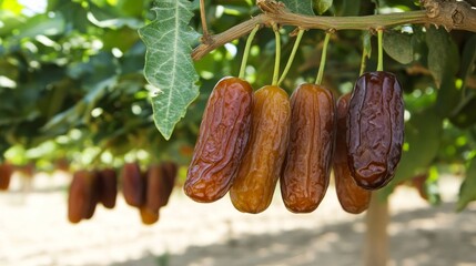 Close-up of ripe dates hanging from a date palm tree branch with blurred background of more dates.
