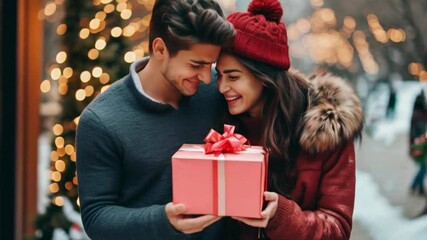 Young boyfriend making holiday surprise to his woman celebrating together giving birthday christmas present gift box hugging outdoors. Love couple. Romantic .