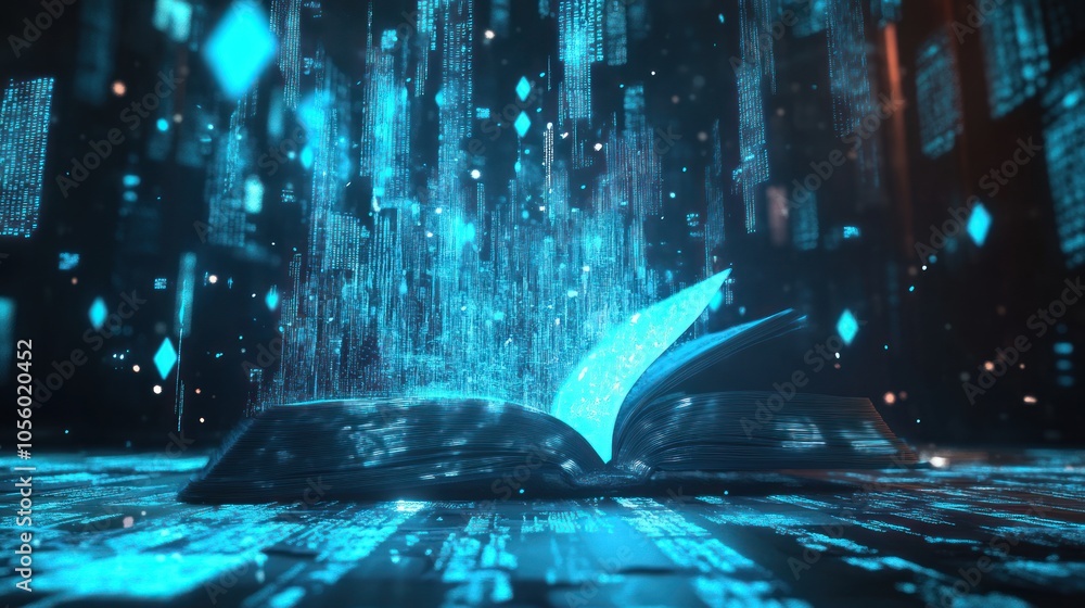Aufkleber an open book surrounded by glowing digital data, symbolizing knowledge and technology.