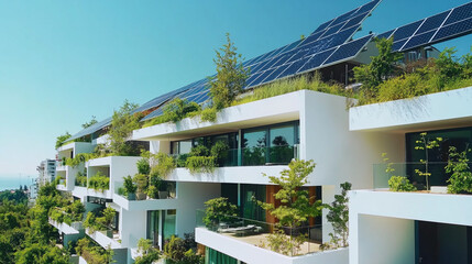 Fototapeta premium Modern Sustainable Architecture with Solar Panels and Green Roof