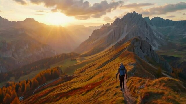 4k drone clip with hiker trekking on a huge mountain valley in Bucegi mountains, during magical golden hour light in autumn season in Romania