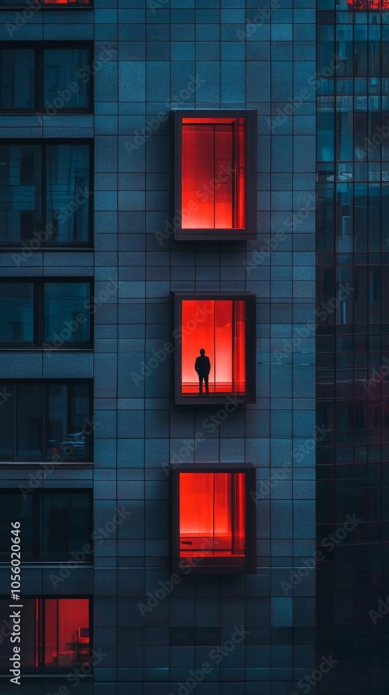 Poster A man is standing in a window of a building with three windows