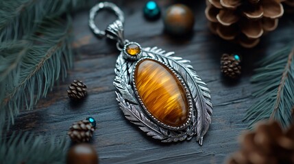 Fototapeta premium Amberstone pendant with silver feathers, isolated on a dark wood surface, accented with small teal gemstones and pinecones