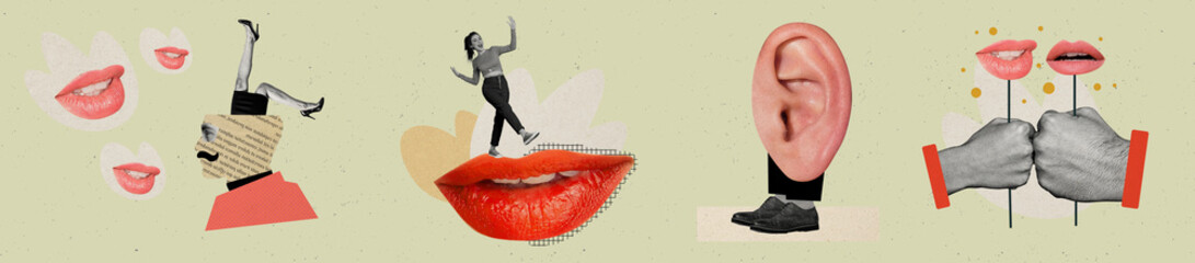 Artwork sketch image photo collage of horizontal panorama young lady walk lips ear listen say hand...