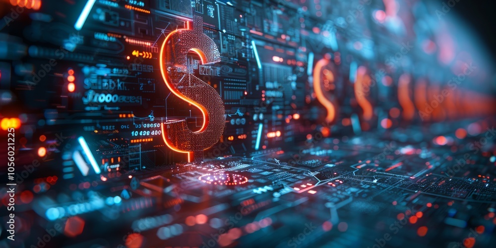 Poster glowing dollar symbols on a digital interface with complex circuitry, representing finance, digital 