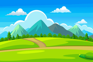 Obraz premium cartoon landscape of green spring fields with mountains in the background
