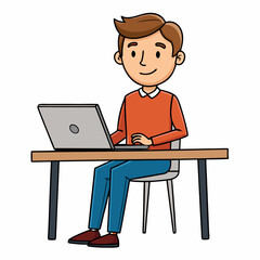 A man sits at a table with a laptop illustration with white background
