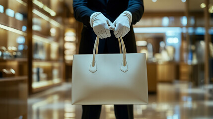 Luxury Leather Tote Bag Held by Man in White Gloves in a Retail Store