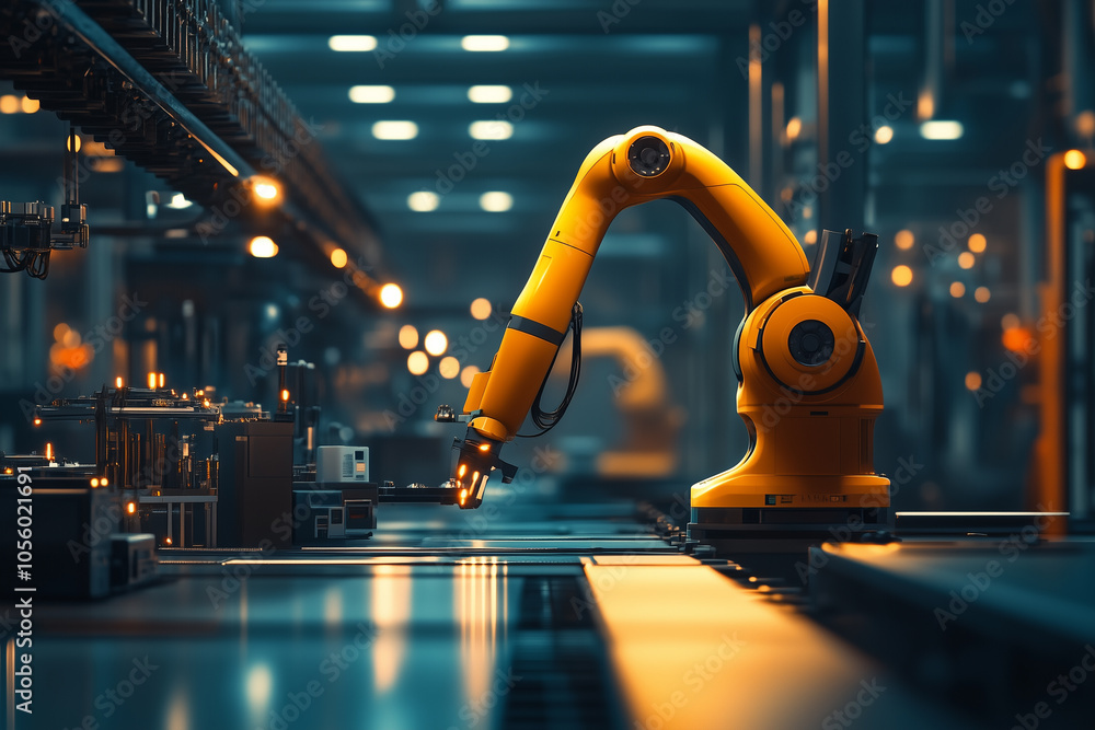 Poster a 5g-connected factory with automated machinery and robotics. a bright yellow robotic arm is positio