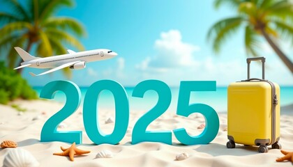 2025,airplane and travel luggage on a beach with seashells, ocean, and palm trees. New year 2025 greeting card concept for vacation, travelers and holidays.