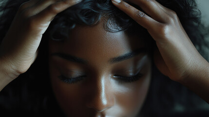Person putting on a wig with focused expression