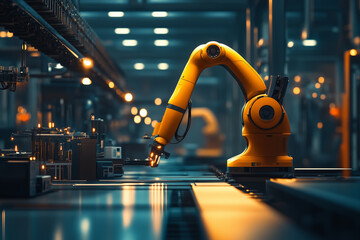 A 5G-connected factory with automated machinery and robotics. A bright yellow robotic arm is positioned on a conveyor belt in a busy factory