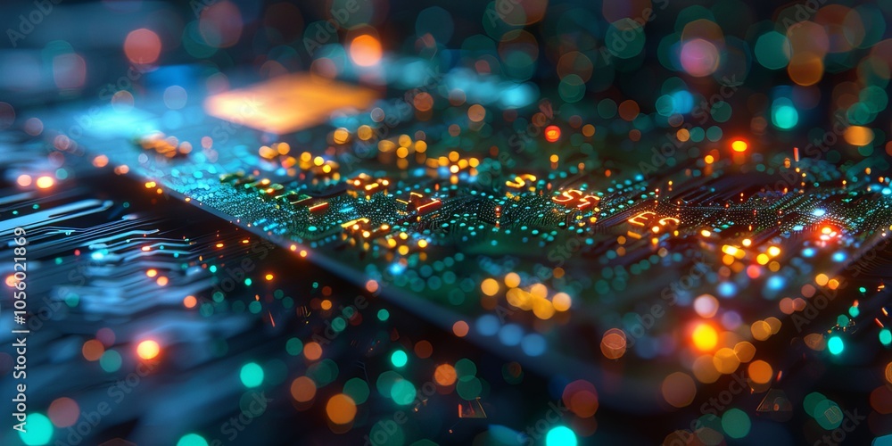 Poster close-up of a glowing circuit board with colorful lights and bokeh, representing advanced technology