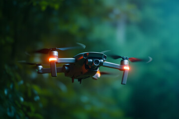 A high-speed drone utilizing 6G technology for data transmission. A drone is gliding smoothly through a dense forest in the dark night