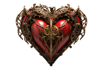A beautifully crafted mechanical heart with intricate metalwork and a vibrant red center, symbolizing love and creativity.