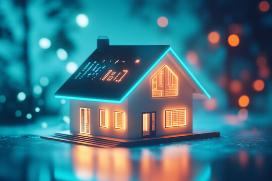 A futuristic smart home with integrated 5G and 6G technology. A model house with neon lights is beautifully displayed on a table