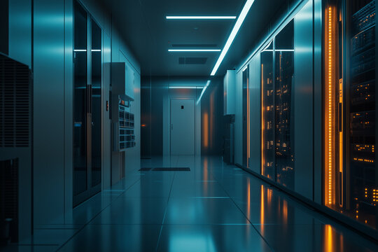 A high-speed 5G data center with advanced cooling systems.A long hallway located within a data center, filled with a lot of servers