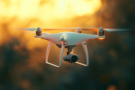 A high-speed drone utilizing 6G technology for data transmission. A drone is gracefully flying in the sky during a beautiful sunset