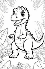 Obraz premium Cute baby dinosaur coloring page template. Cute tyrannosaur on abstract floral background