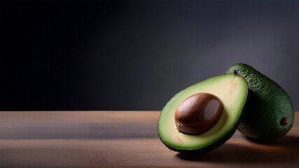 Organic avocado, halved with pit on wooden board  Have a spade 
