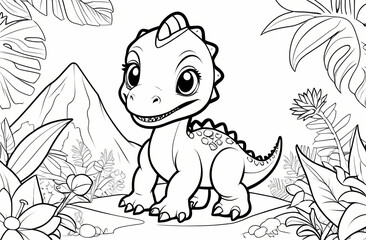 Cute baby dinosaur coloring page template. Cute tyrannosaur on abstract floral background