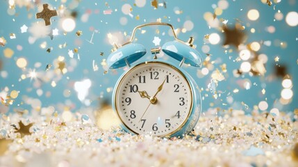 A vintage alarm clock surrounded by confetti, symbolizing the start of a new year or new beginning.