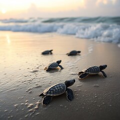 A marine conservation project focused on protecting endangered sea turtles, with hatchlings making their way to the ocean.