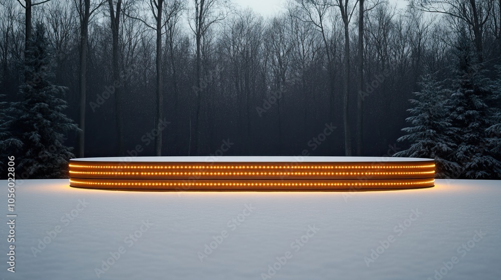 Aufkleber a circular, illuminated structure stands in a snowy landscape, surrounded by dark trees, creating a 