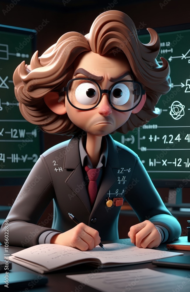 Poster animated scientist in lab solving complex equations with determination
