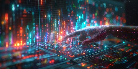 Digital hand interacting with a futuristic holographic interface, displaying vibrant data charts and binary code in a high-tech environment