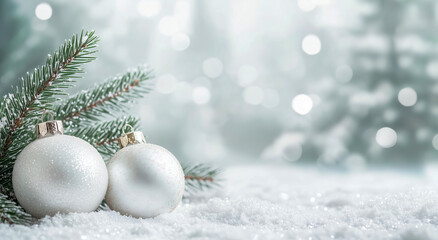 Elegant White Christmas Baubles in Snowy Winter Scene