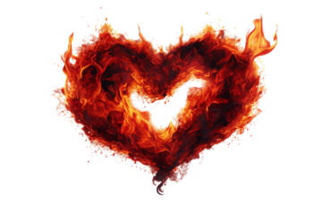 A fiery heart symbolizing passion and love, isolated on a black background.