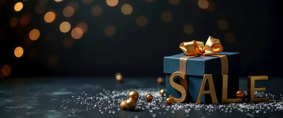 Gift box with golden ribbon and SALE letters on dark background, festive mood, copy space