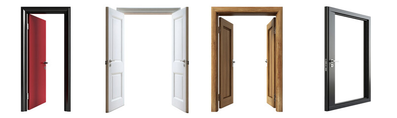 Set of open entrance doors with handles for home interior decoration isolated on transparent png background.