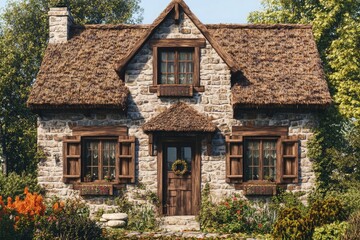 A rustic stone cottage with textured walls, adorned with wooden window frames and a charming thatched roof, nestled in a picturesque garden.