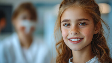 A young girl with curly hair and freckles smiles brightly at home, capturing a moment of joy and innocence on a sunny afternoon