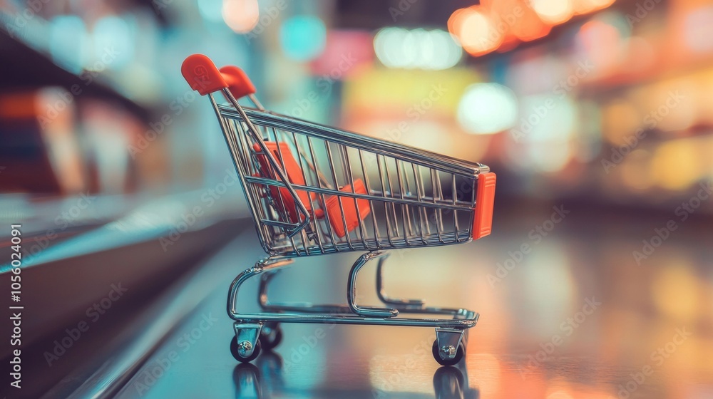 Poster miniature shopping cart in a store with colorful bokeh background