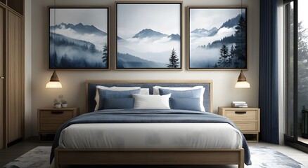 Modern farmhouse bedroom interior design. and three poster frames above the bed, each wooden frame featuring an abstract design of nature. Two Bedside Cabinet Ideas Against White Walls.