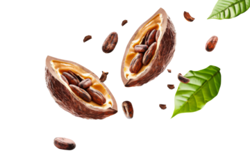 Cracked Cocoa pod with beans and seed flying in the air with green leaf isolated on background, dried fruit ingredients for making chocolate.