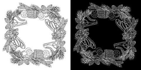 Christmas wreath. Vector illustration of winter pattern with isolated elements. Hand elements. Background for greeting card design, holiday decor.