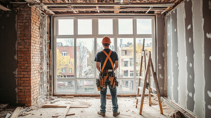 Construction Worker Looking Out Window In Under Construction Building