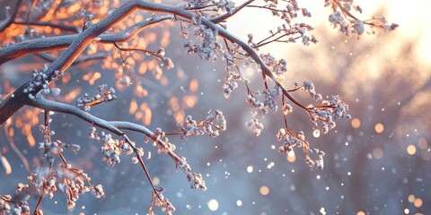 Delicate tree branches adorned with a light dusting of snow, capturing the essence of winter's tranquility.