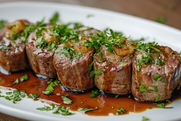 Rolled beef with herbs and sauce on rustic wooden table