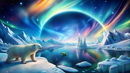 North Pole illustration: northern lights and polar bear