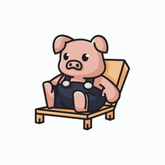 Cute Pig sits on beach  Vector Icon Illustration Animal Nature Flat Cartoon Style