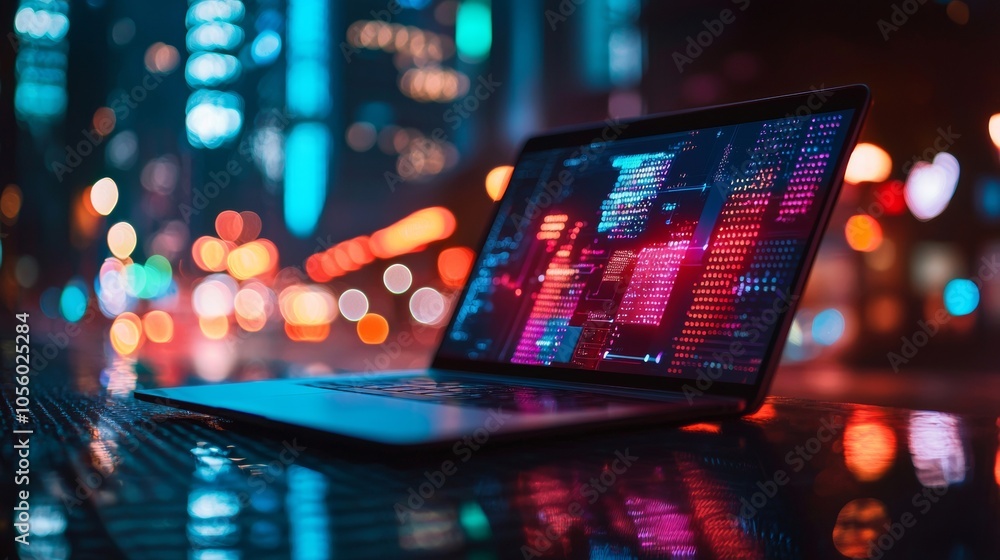 Poster laptop displaying code with vibrant bokeh city lights in the background